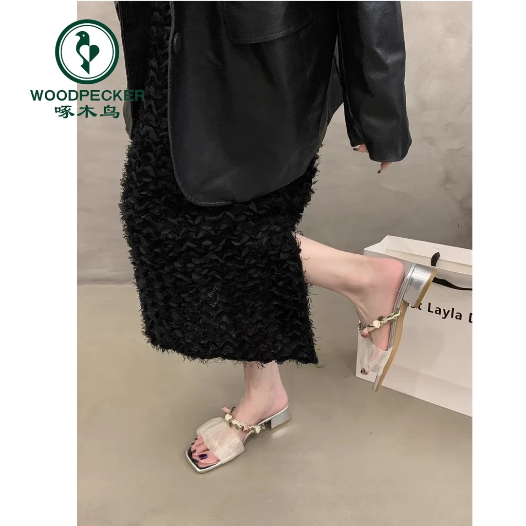 啄木鸟仙女风配裙子凉拖鞋外穿2025夏季新款方头粗跟气质粉色凉鞋