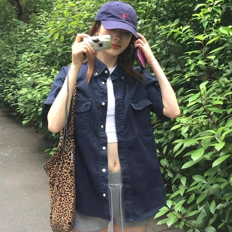 复古短袖衬衫女夏季宽松百搭古早日杂穿搭男女款水洗牛仔衬衣外套