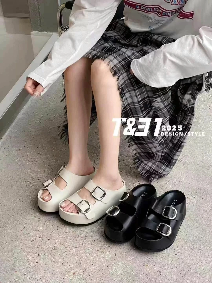 T31正品2025夏真皮厚底松糕凉拖鞋小个子休闲罗马增高一字拖鞋潮