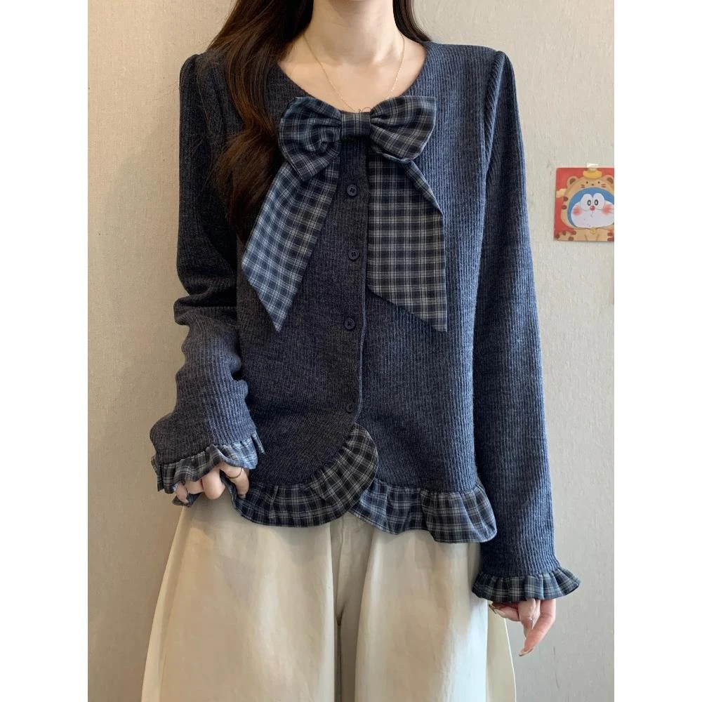 设计感格子荷叶边蝴蝶结长袖衬衫女秋冬大码胖遮肉显瘦正肩上衣