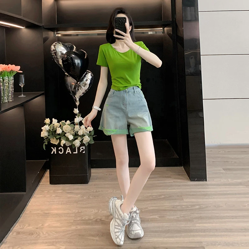 慵懒风街头风森系时尚套装小个子短袖T恤高腰牛仔短裤显瘦两件套