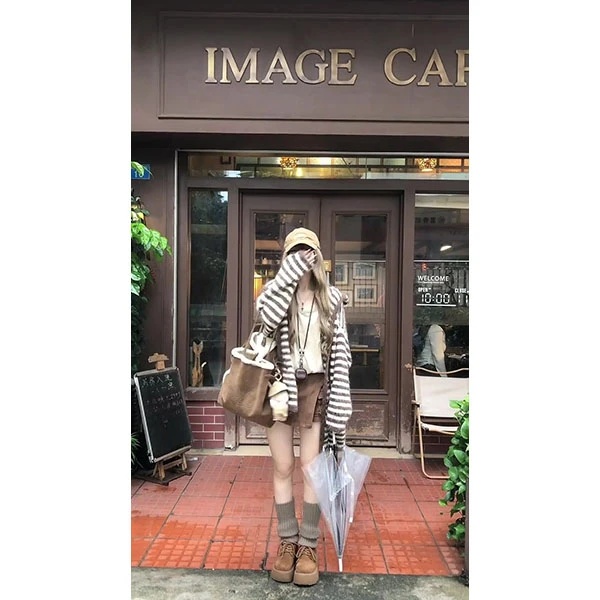 韩系氛围感穿搭条纹连帽毛衣女秋冬宽松针织开衫外套背心裙子套装