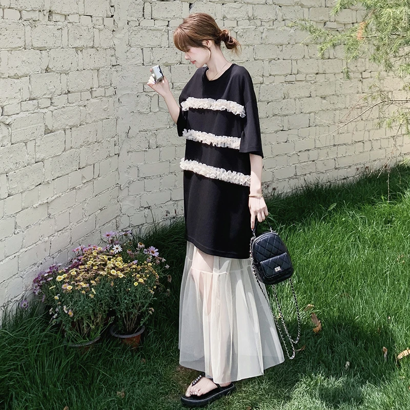 胸前花边网纱两穿两件套女2025夏季新款设计感小个子拼接T恤套装