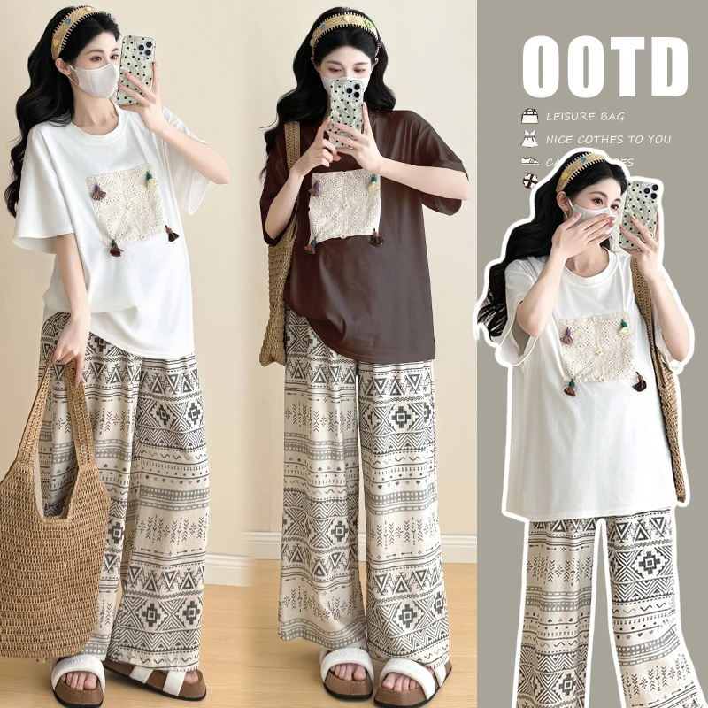 孕妇装夏上衣2025新款慵懒风休闲宽松短袖t恤薄款阔腿裤套装夏季