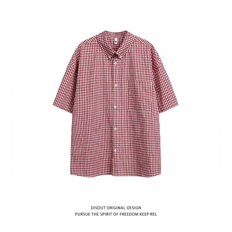 Citboy红色格子短袖衬衫男夏季美式复古休闲格纹衬衣半袖短款百搭