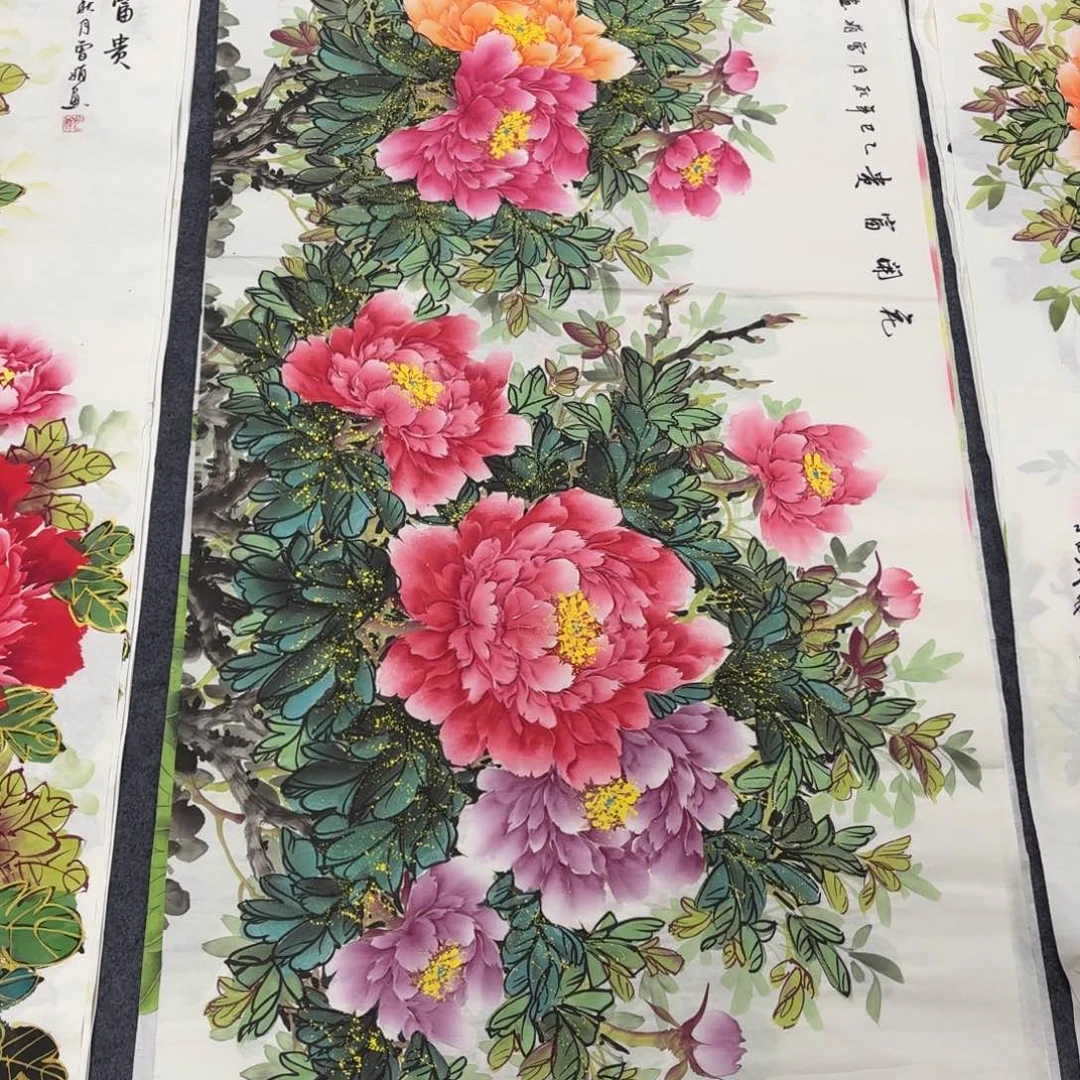 国画140×70洒金牡丹手绘作品画画
