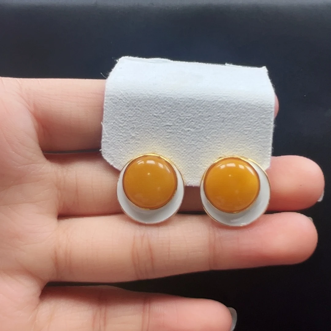蜜蜡银S925镶嵌戒指精品蜜蜡耳钉