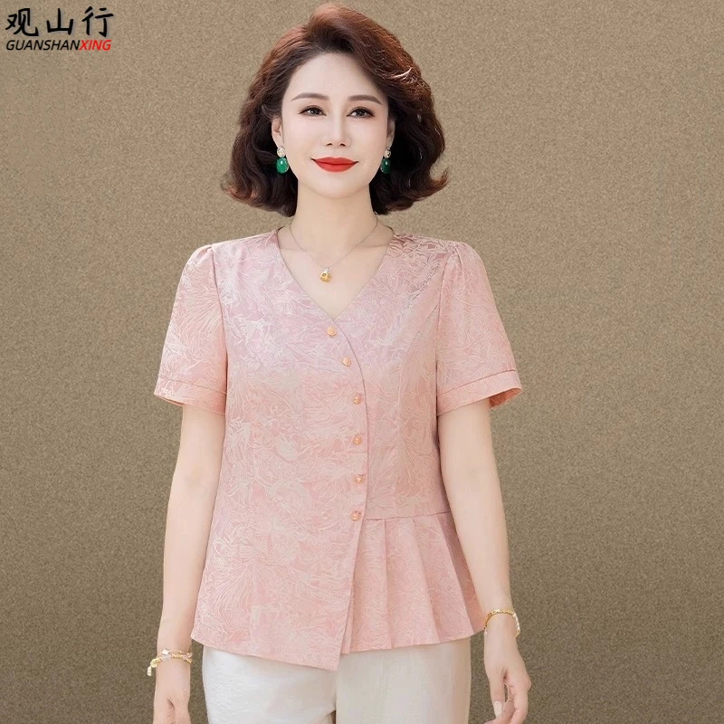 中年妈妈夏装套装洋气国风小衫2025新款中老年夏季短袖T恤上衣女