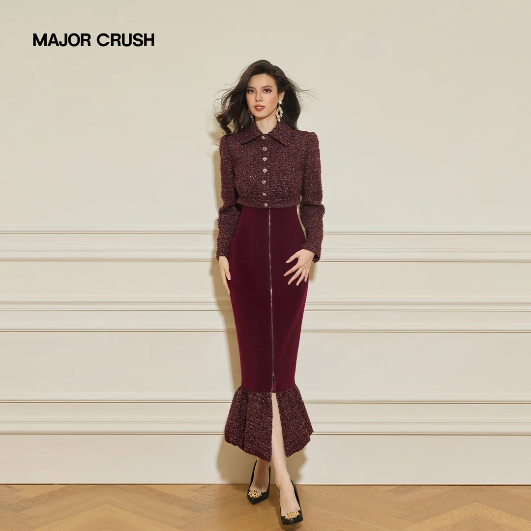 MAJOR CRUSH冬季新款优雅时尚设计师巴黎晚风套装复古粗花呢77879