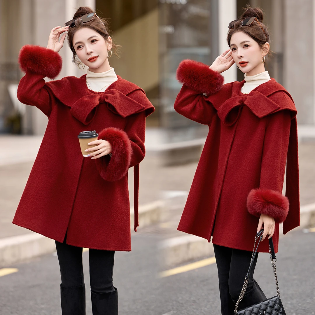 狐狸毛可脱卸双面羊毛大衣女2025年冬季新款优雅气质中长款毛呢
