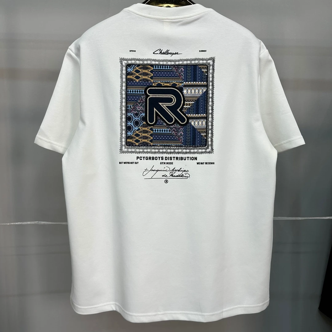 大码男装2025新款260g8019短袖T大图贴布刺绣印花圆领潮流休闲