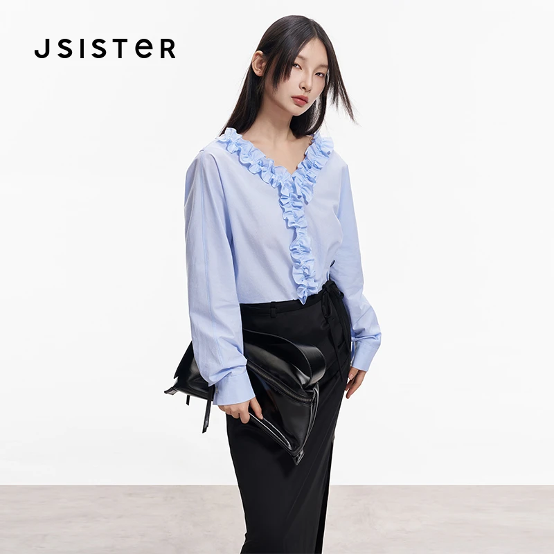 【羊羊专属】jsister 春秋新品 JS女装蓝色V领木耳边设计感衬衫上衣