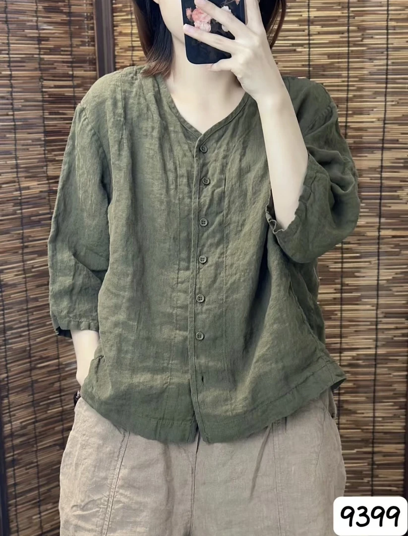 9399汉麻七分袖衬衫外套T恤中袖V领法式简约