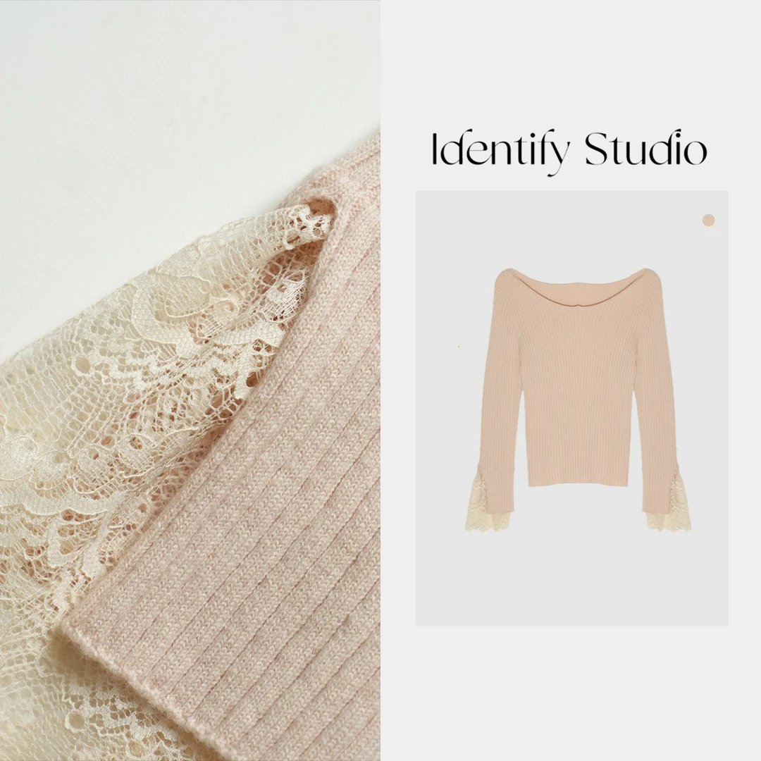 IDENTIFY香香“拼纱毛衣”春季蕾丝拼接袖粉色针织上衣25SS