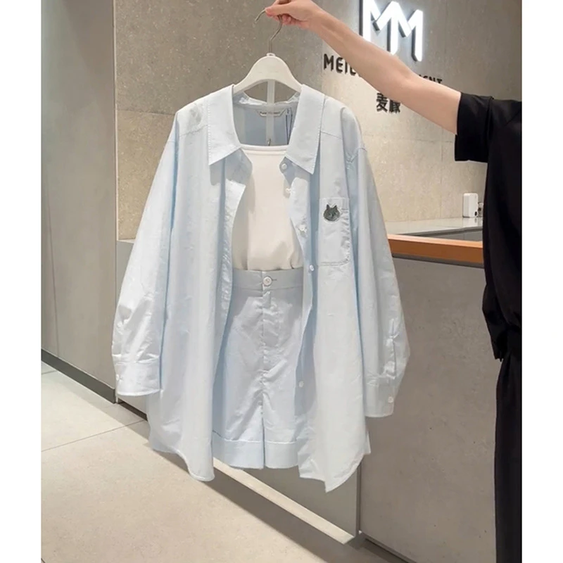 夏装搭配一整套时尚洋气减龄显瘦遮肉蓝色防晒衬衫短裤两件套装女