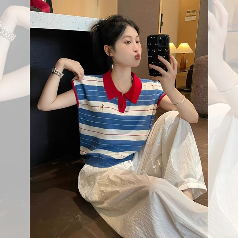 韩系撞色条纹polo领针织衫冰丝上衣女2025夏季小个子百搭正肩t恤