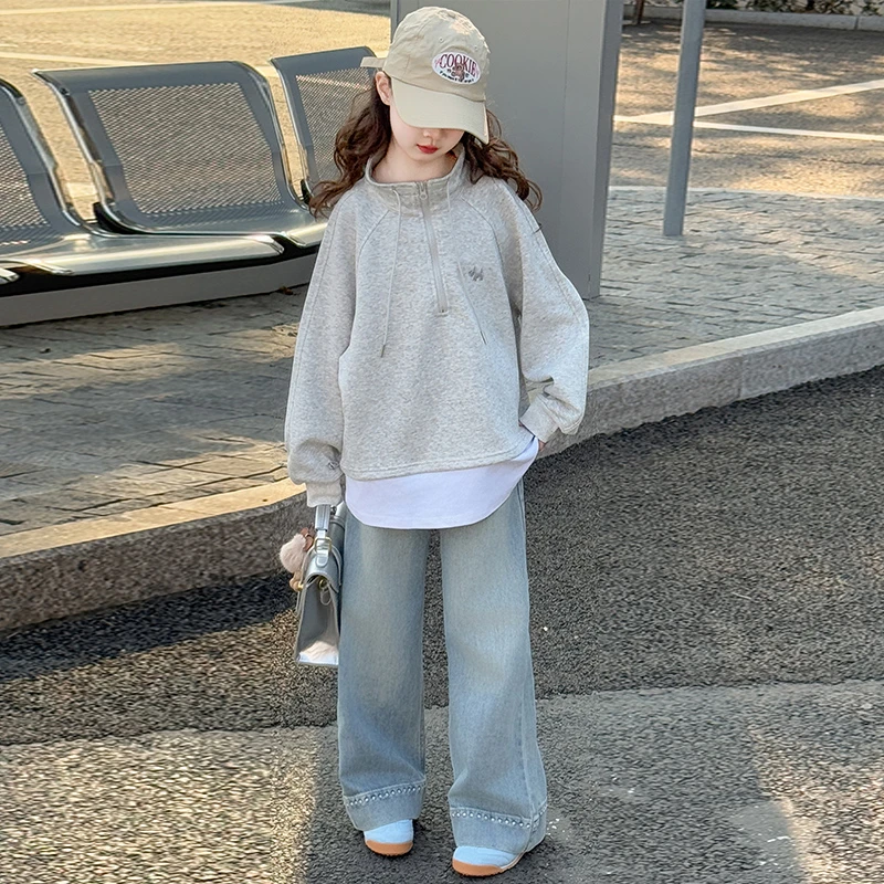 女童卫衣春秋款2025新款洋气女大童长袖上衣儿童牛仔阔腿裤两件套