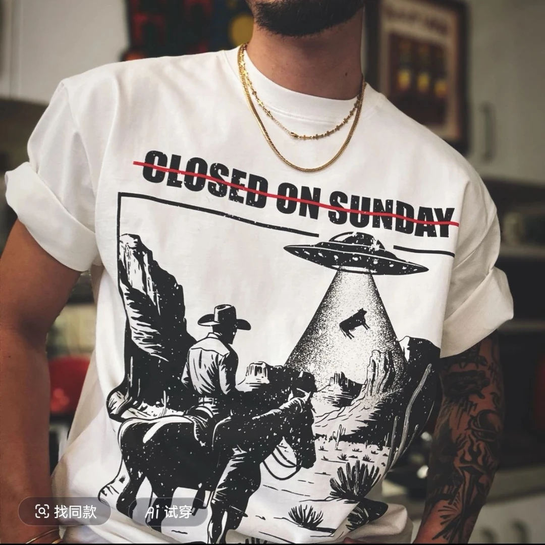 320g重磅纯棉短袖 关闭周日 牛仔与外星人 美式休闲宽松不掉色T恤