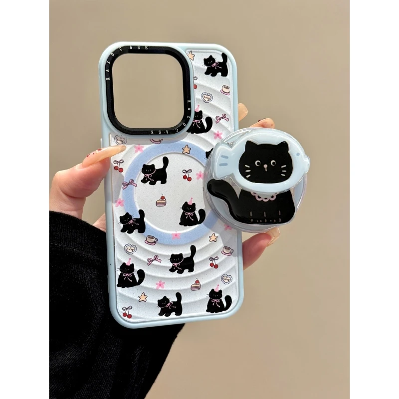 适用苹果iphone16promax可爱猫咪15pro磁吸14pro支架13蓝色手机壳