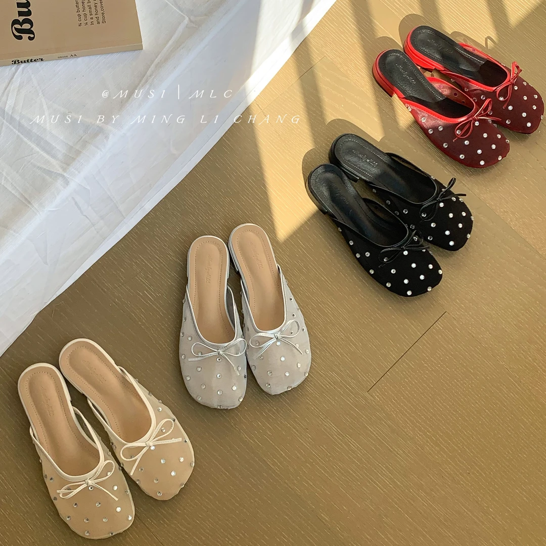 MLC-091-2春温柔晚晚半拖鞋女春秋蝴蝶结芭蕾舞红色懒人包头拖鞋