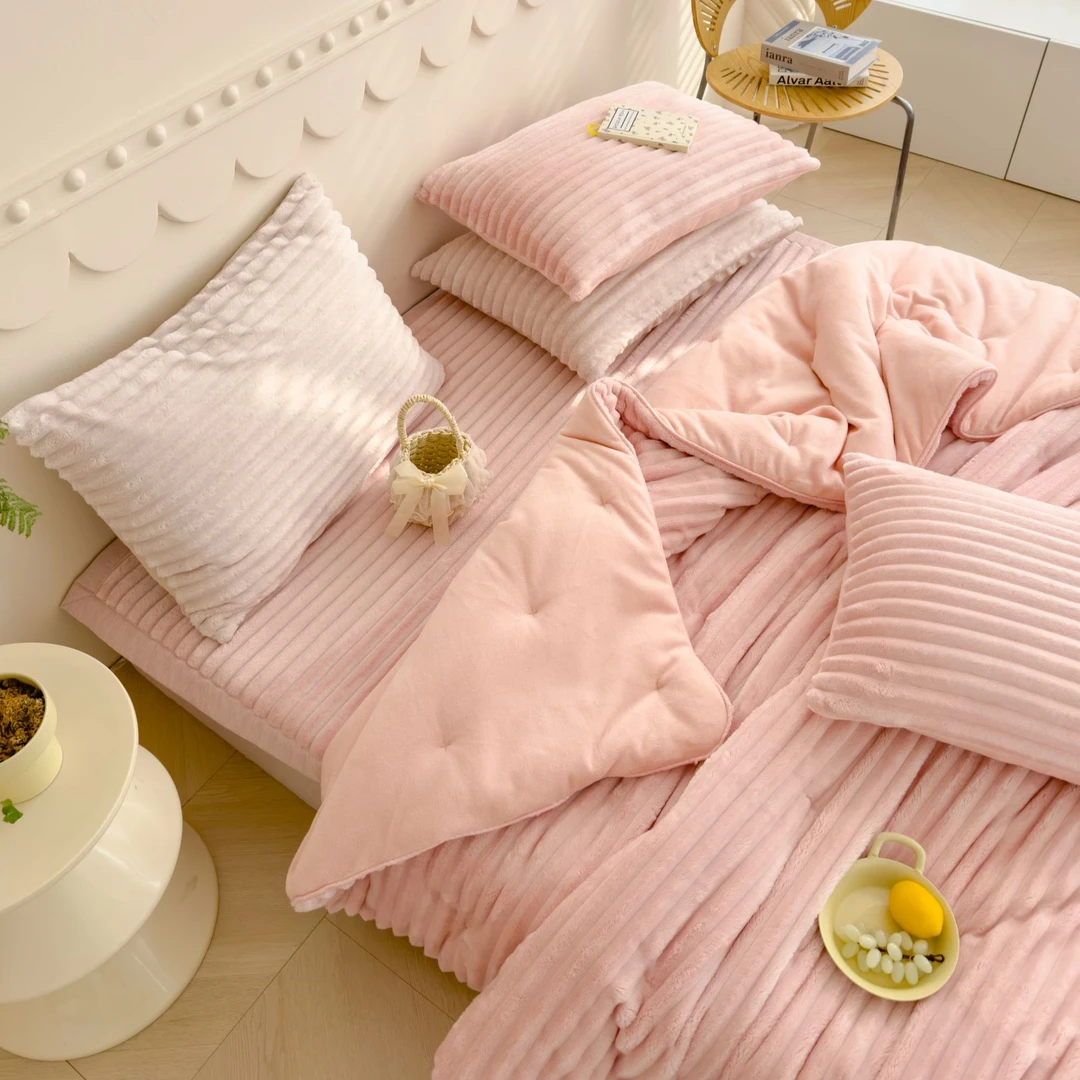 [韩国出口高品质]优可丝绒竖纹加厚被子枕套垫子套装