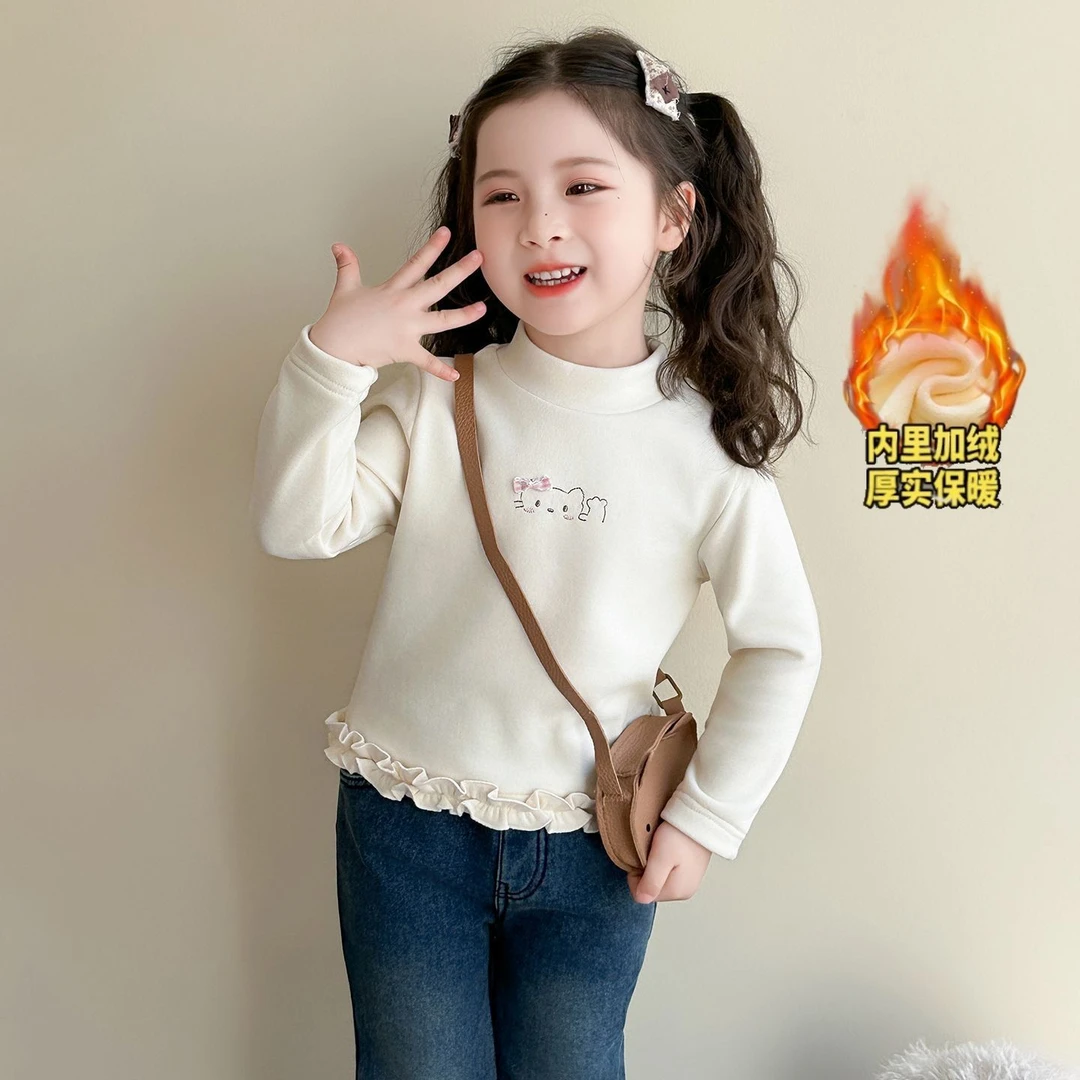 女童加绒猫咪打底衫2025新款秋冬季儿童半高领内搭加厚女宝宝冬装