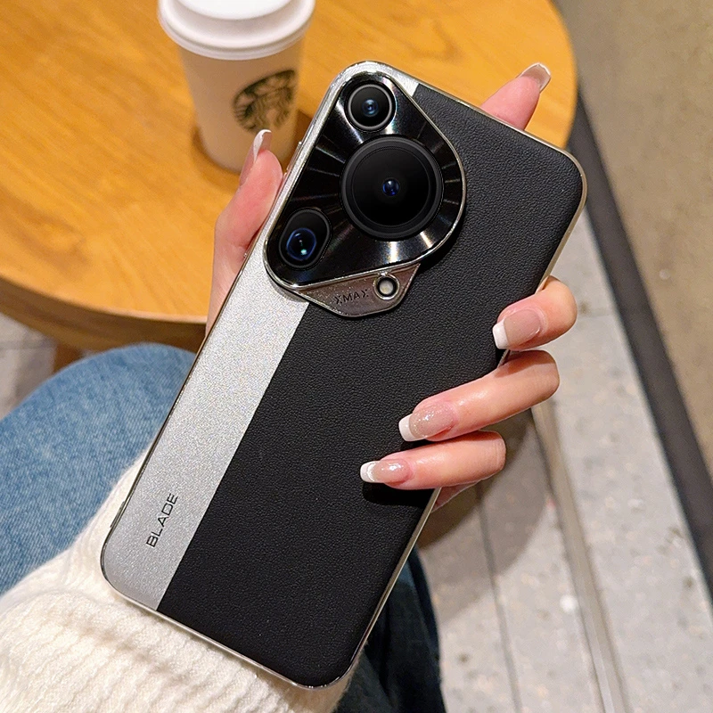 电镀金属边适用华为Mate70手机壳pro高级Pura70华为皮纹壳Pro+全