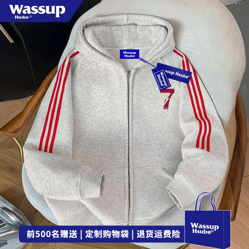 WASSUP HSUBE街头设计感数字印花开衫卫衣男女秋冬美式三条杠外套