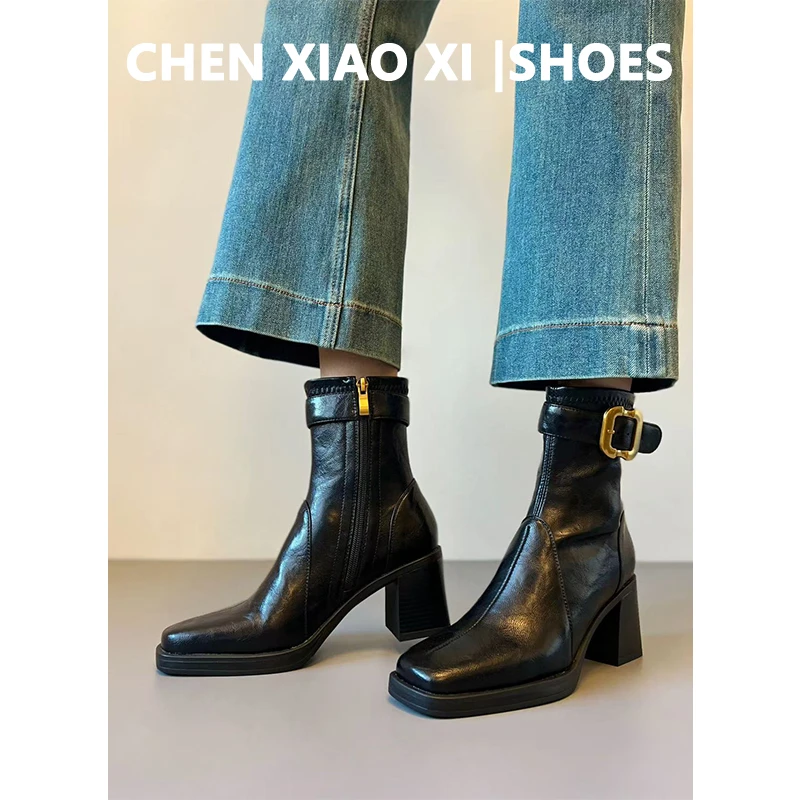 牛皮版！复古软皮高跟马丁靴女秋冬新款粗跟瘦瘦靴方头时装短筒靴