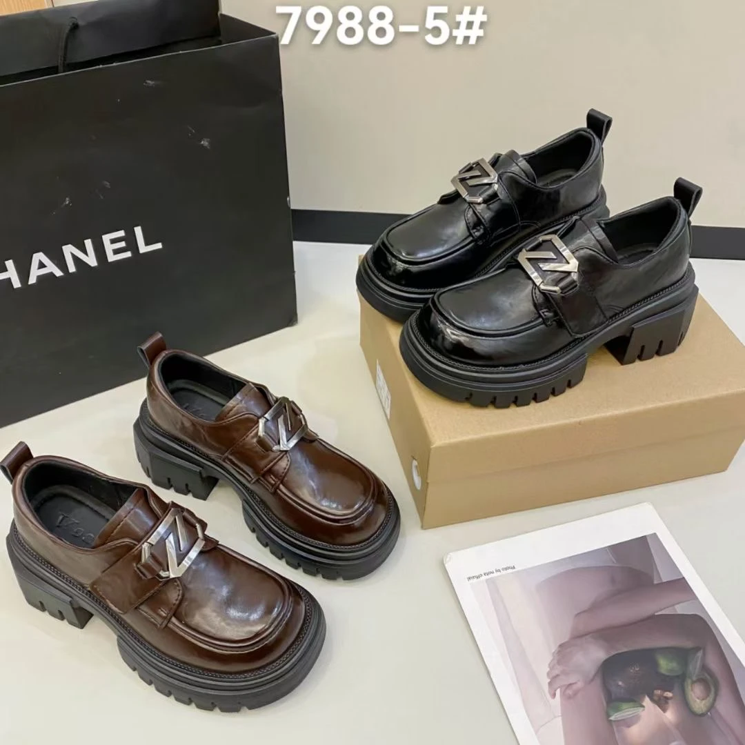 2025春季新款厚底粗跟方头乐福鞋时尚一脚蹬懒人鞋皮鞋女玛丽珍女