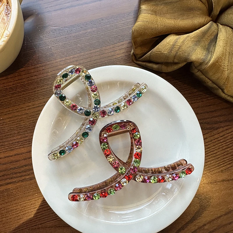 抓夹日韩少女风发夹发卡百搭发饰鲨鱼夹复古彩色头发夹优雅钻钻