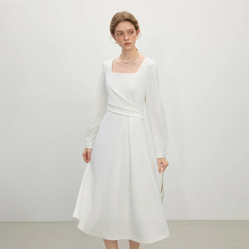 范思蓝恩方领知性垂褶设计感显瘦长袖连衣裙春新款裙子25FS11236