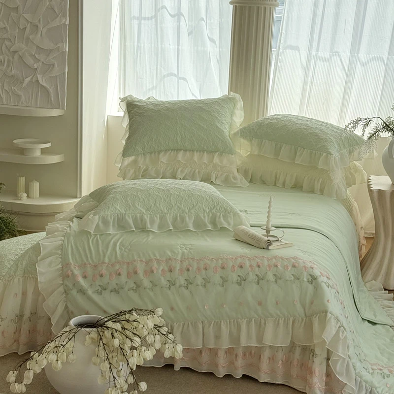 ■法式奶油凉感丝郁夏微光夏凉被四件套，可机洗夏被套件