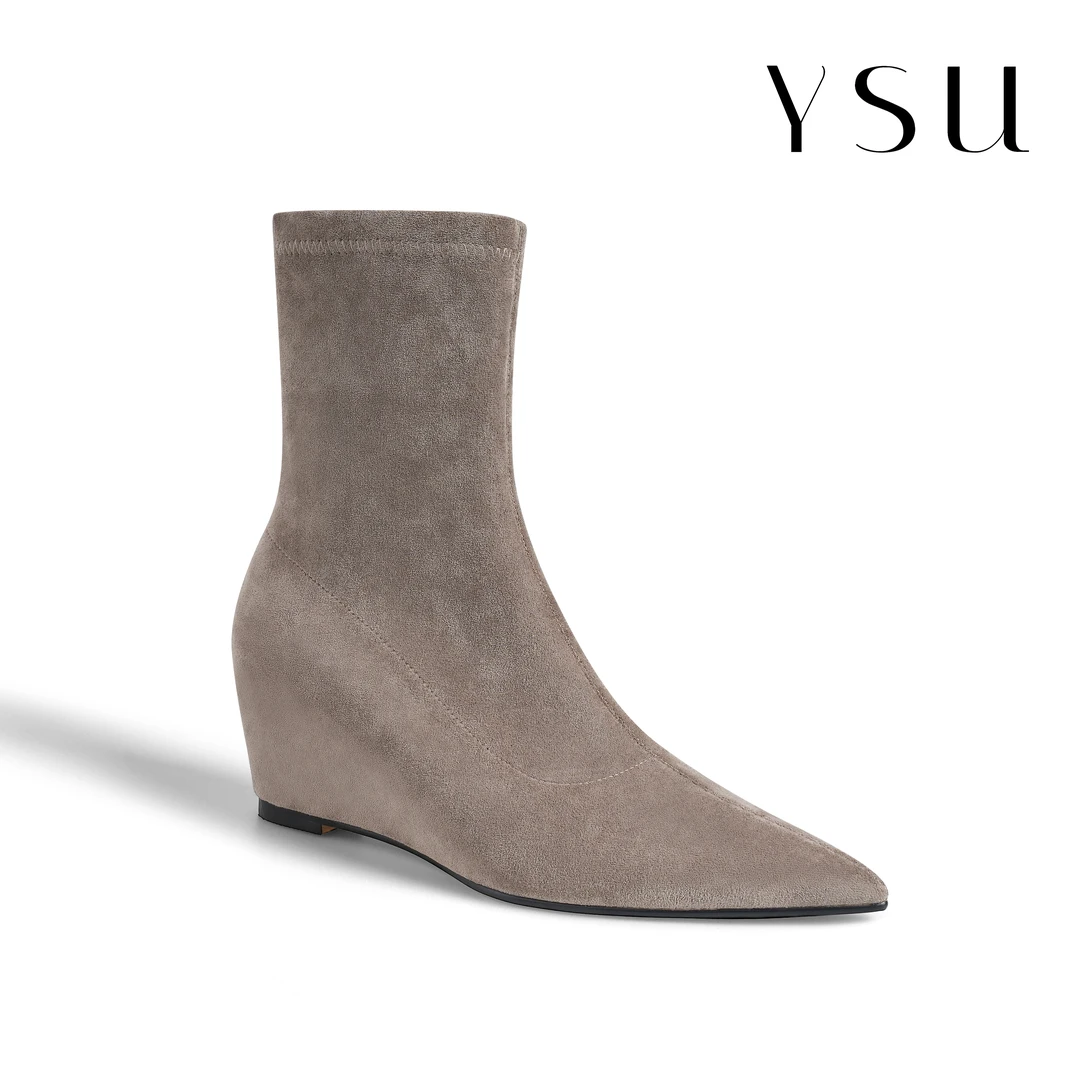 【YSU】绒面尖头弹力靴 显高显瘦百搭款秋冬及踝短靴S3440