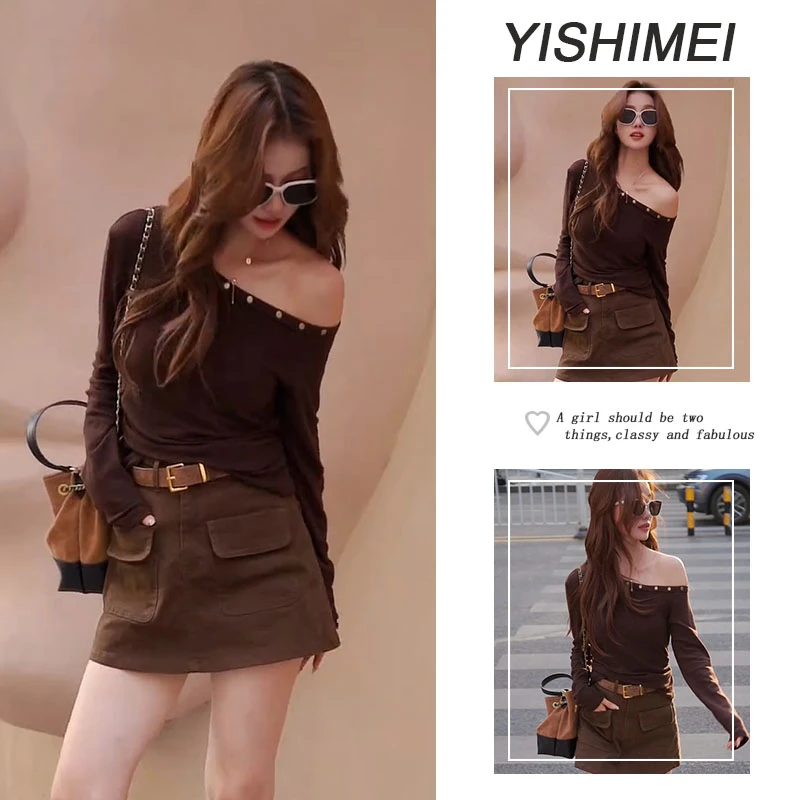 秋季美拉德穿搭2025年新款韩系气质露肩长袖上衣高腰短裙两件套装