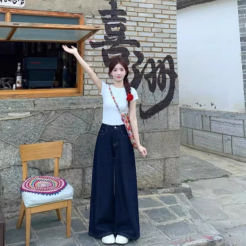 145小个子复古深蓝色阔腿牛仔裤女宽松显瘦直筒裤夏天薄款裤子