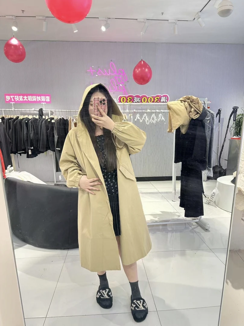 长款连帽大码风衣外套