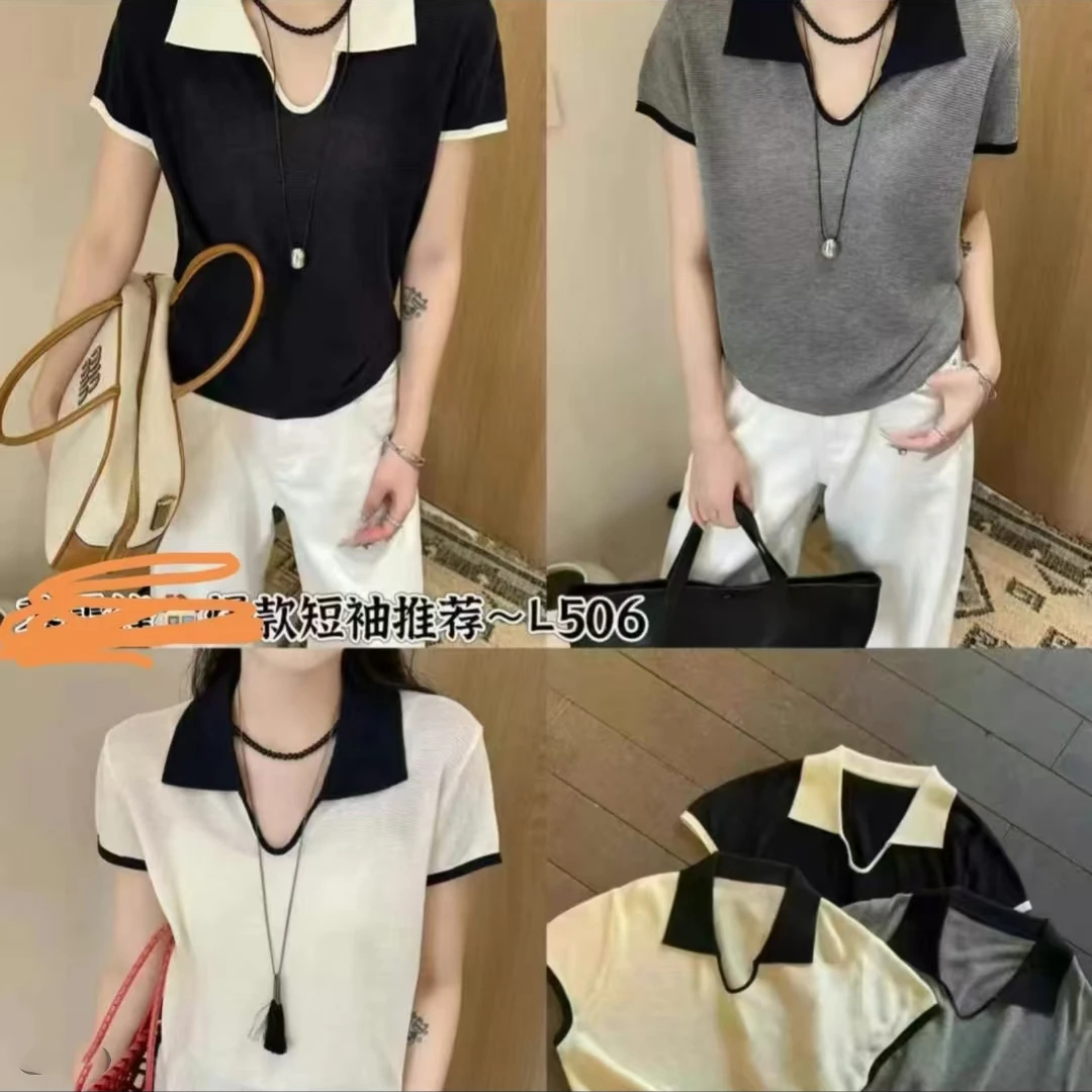 夏季polo套头款短款上衣简约风女毛针织衫翻领冰丝短袖T恤