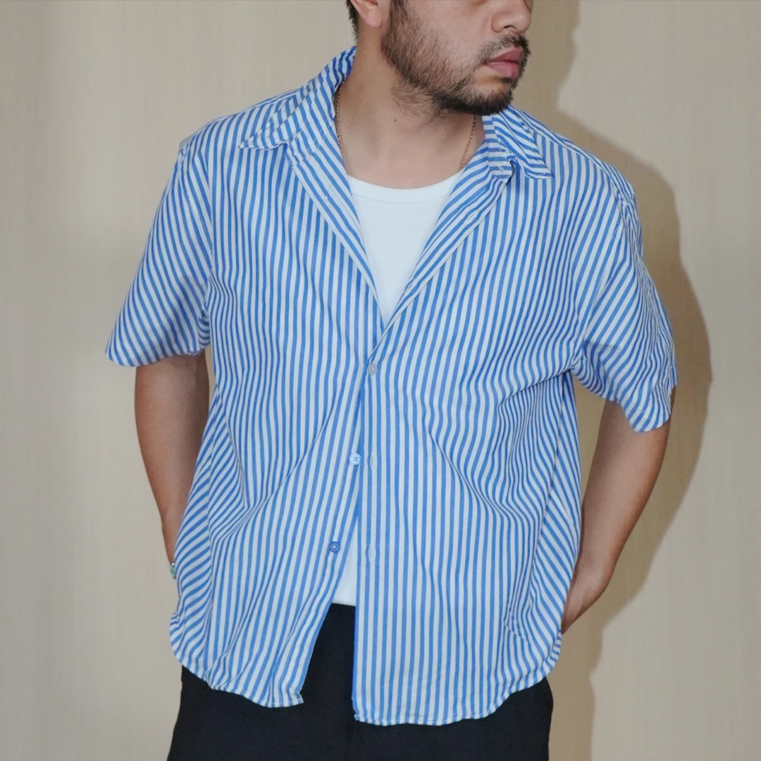 TIAS春夏蓝色不对称条纹造型宽松衬衫T2261004