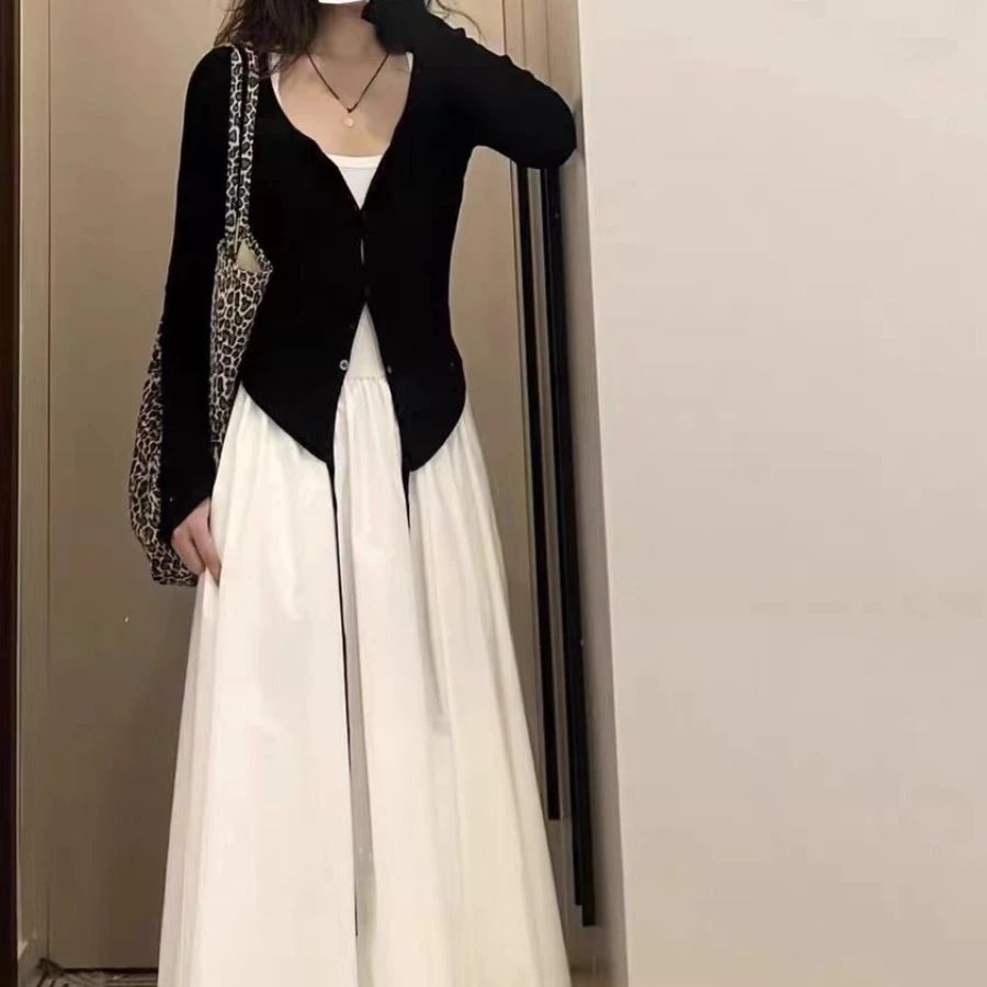 2025早秋时尚套装飘带黑色开衫搭配吊带背心连衣裙气质显瘦两件套