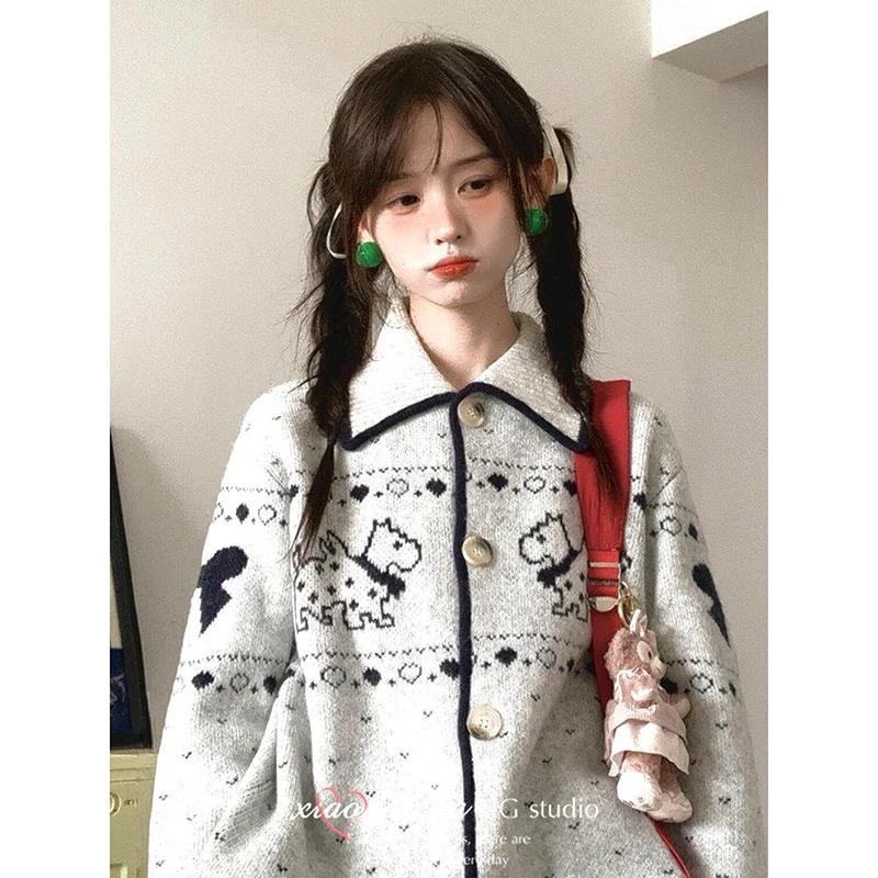 费尔岛提花软糯毛衣外套女秋冬新款日系复古宽松慵懒风针织开衫