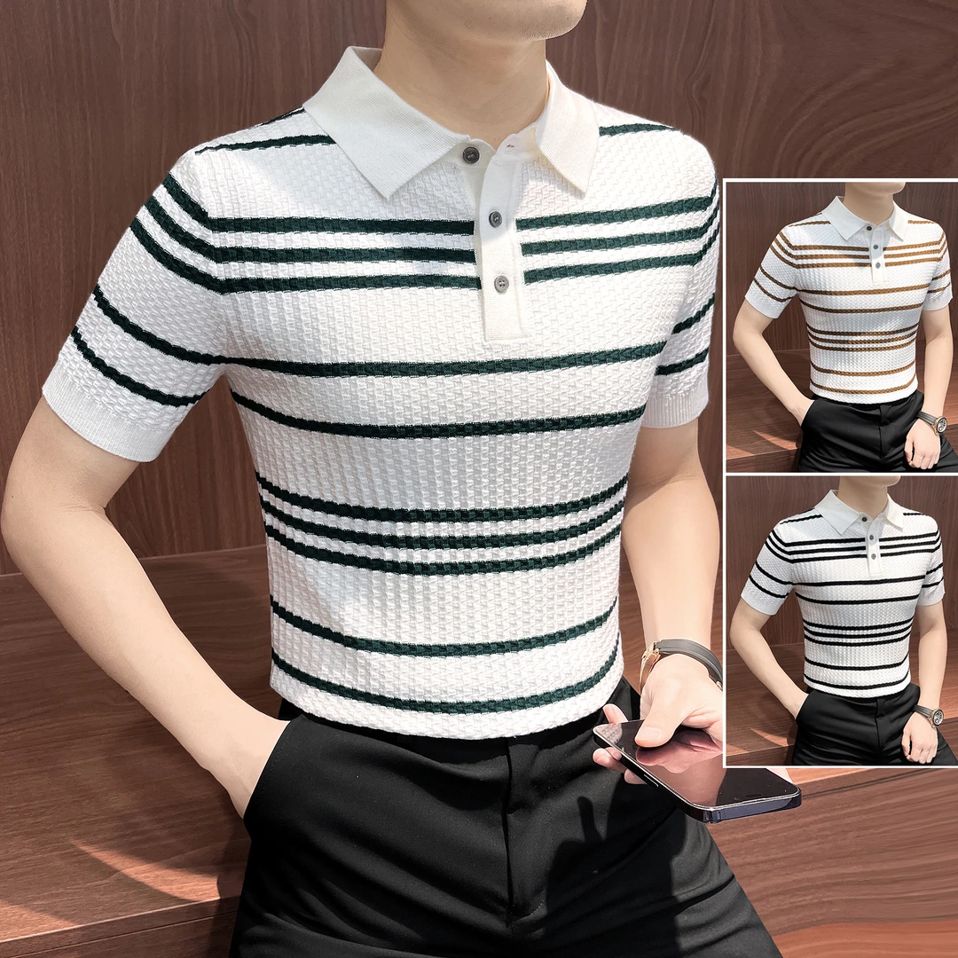 条纹拼色男士polo衫秋季时尚高级感男装薄款透气男款针织短袖t恤