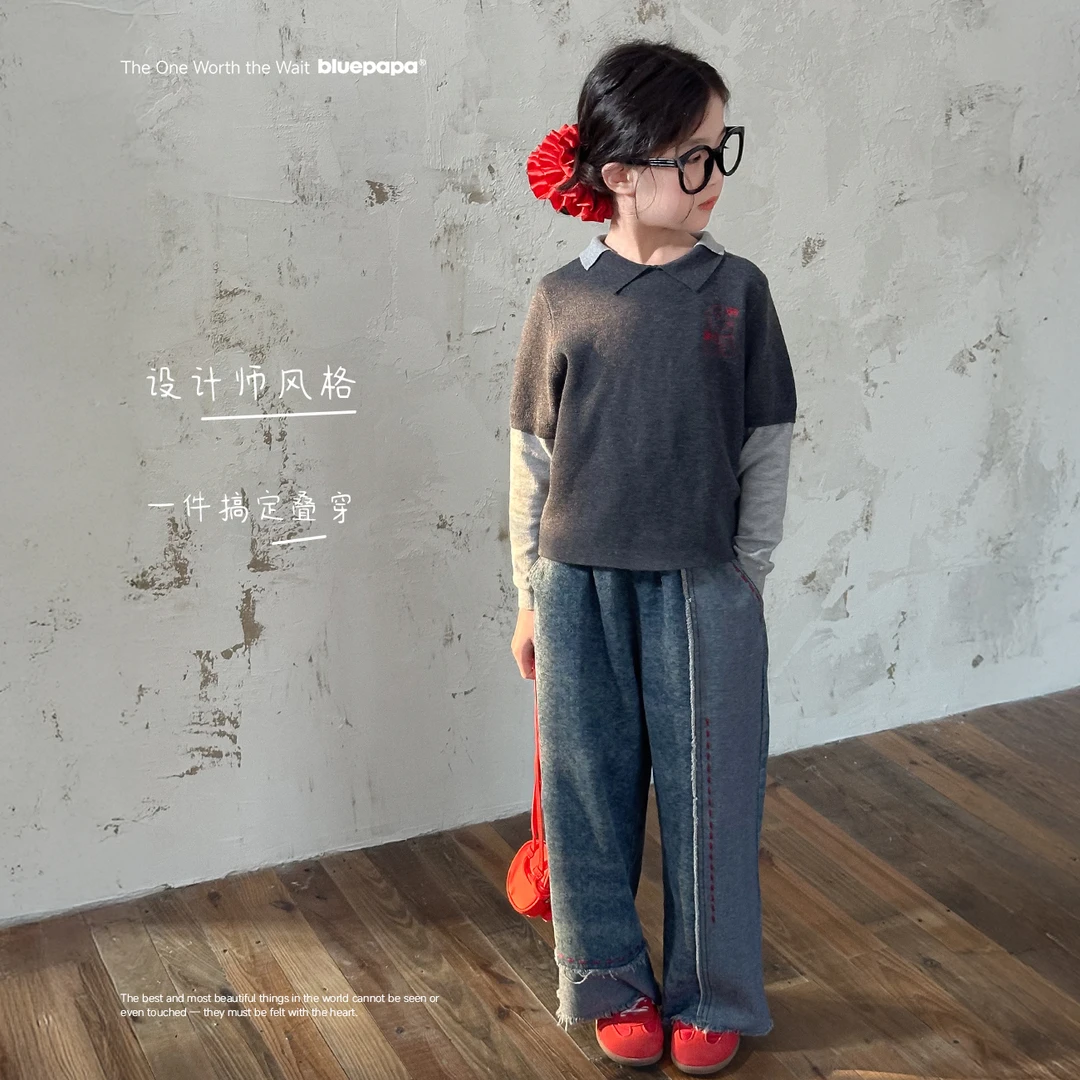 【街舞生】蓝小爸童装女童假两件针织衫春季新款休闲宝宝Polo