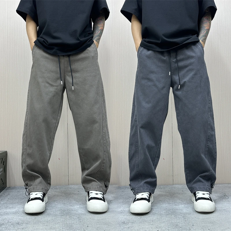 昊Studio冬季男士加绒百搭裤微弹拼接直筒裤复古百搭慵懒感休闲裤