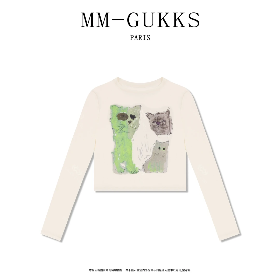 明明GUKKS『防晒猫咪』夏季卡通小猫薄款防晒打底衫长袖T恤上衣