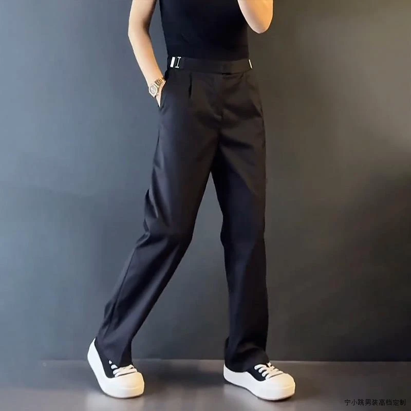 轻奢男装大码潮牌男士时尚新款直筒个性拉腰设计休闲裤阔腿黑色潮