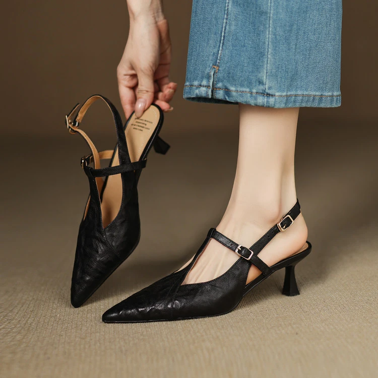羊皮~5.5cm包头凉鞋女夏外穿2025新款法式绝美高级尖头细跟高跟鞋
