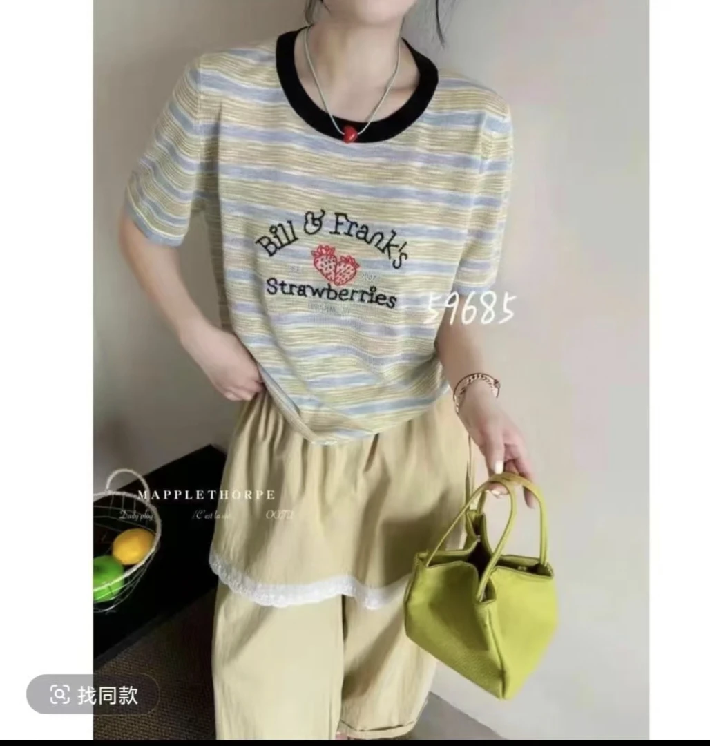 2025夏季新韩版宽松显瘦百搭圆领卡通草莓短袖针织上衣857