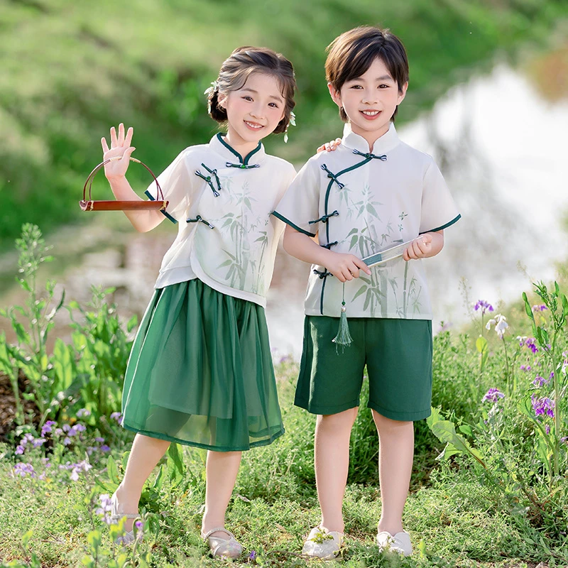 男生女生棉麻汉服套装新款洋气时髦儿童民国风唐装六一节日演出服
