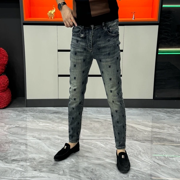 秋季时尚修身小脚牛仔裤高品质欧货蓝色印花刺绣-50032